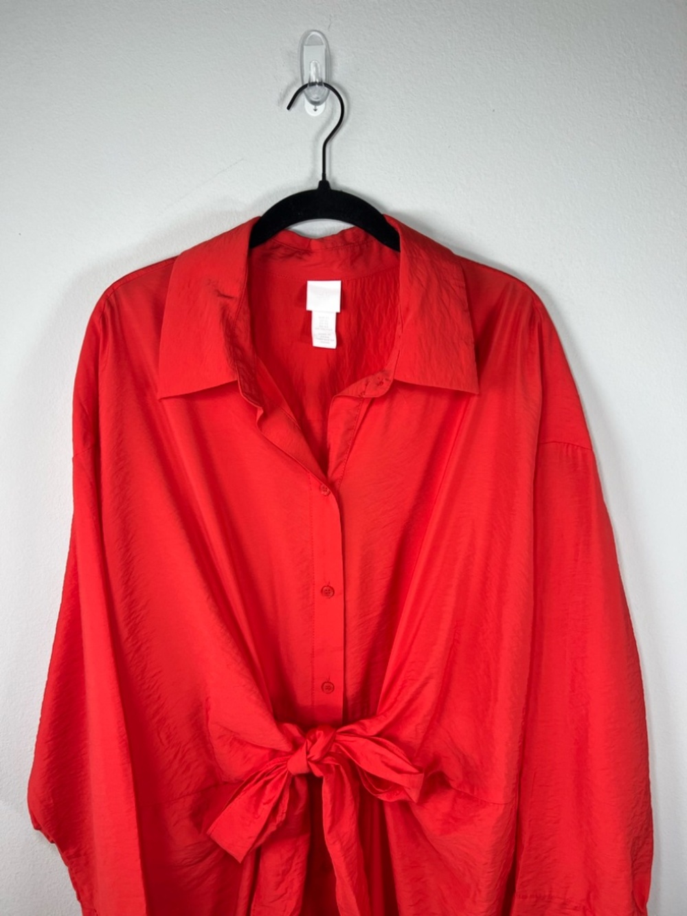 H&M Front Tie Maxi Shirt Dress Red Crinkle Fabric Oversize Unlined Side Slits XL - Picture 3 of 15